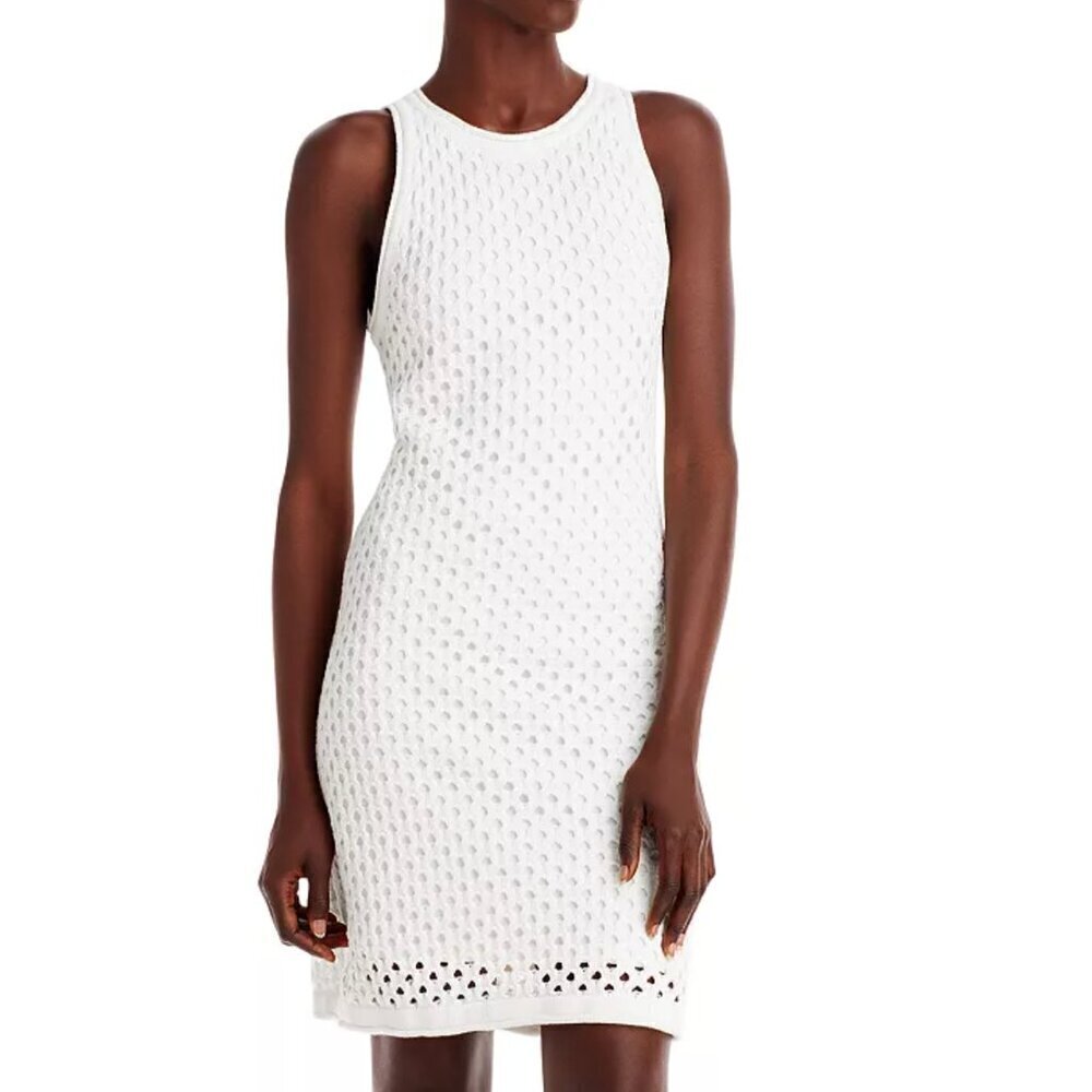 AQUA Crochet Tank Dress  White Sleeveless Pullover Crewneck Size Small